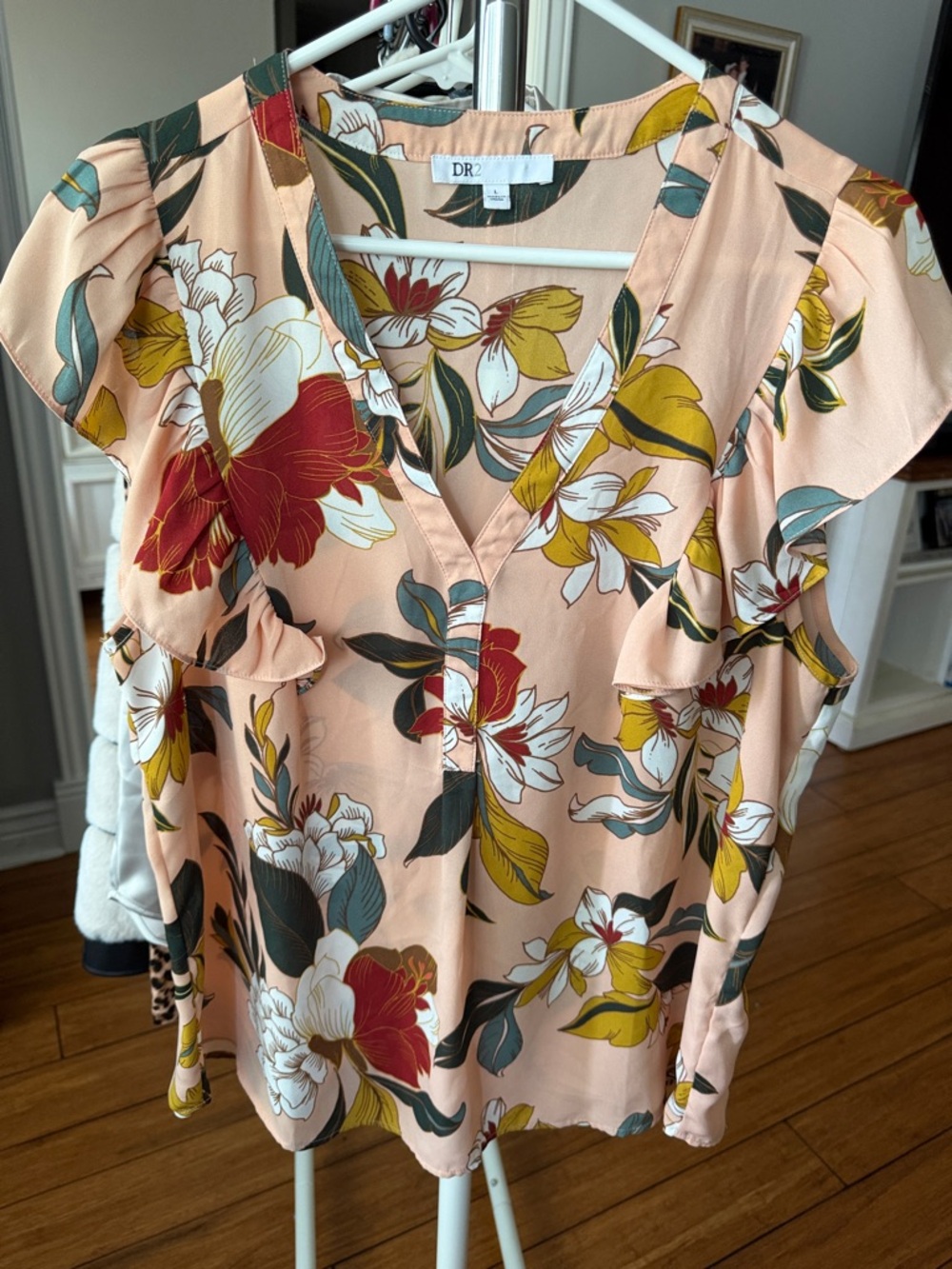 DR2 Peach Floral V-Neck Ruffle Sleeve Blouse